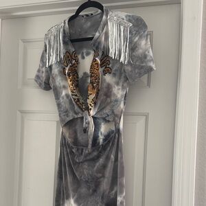 Fashion Nova Gray Tie-Dye Dress with Fringe and Leopard Detail